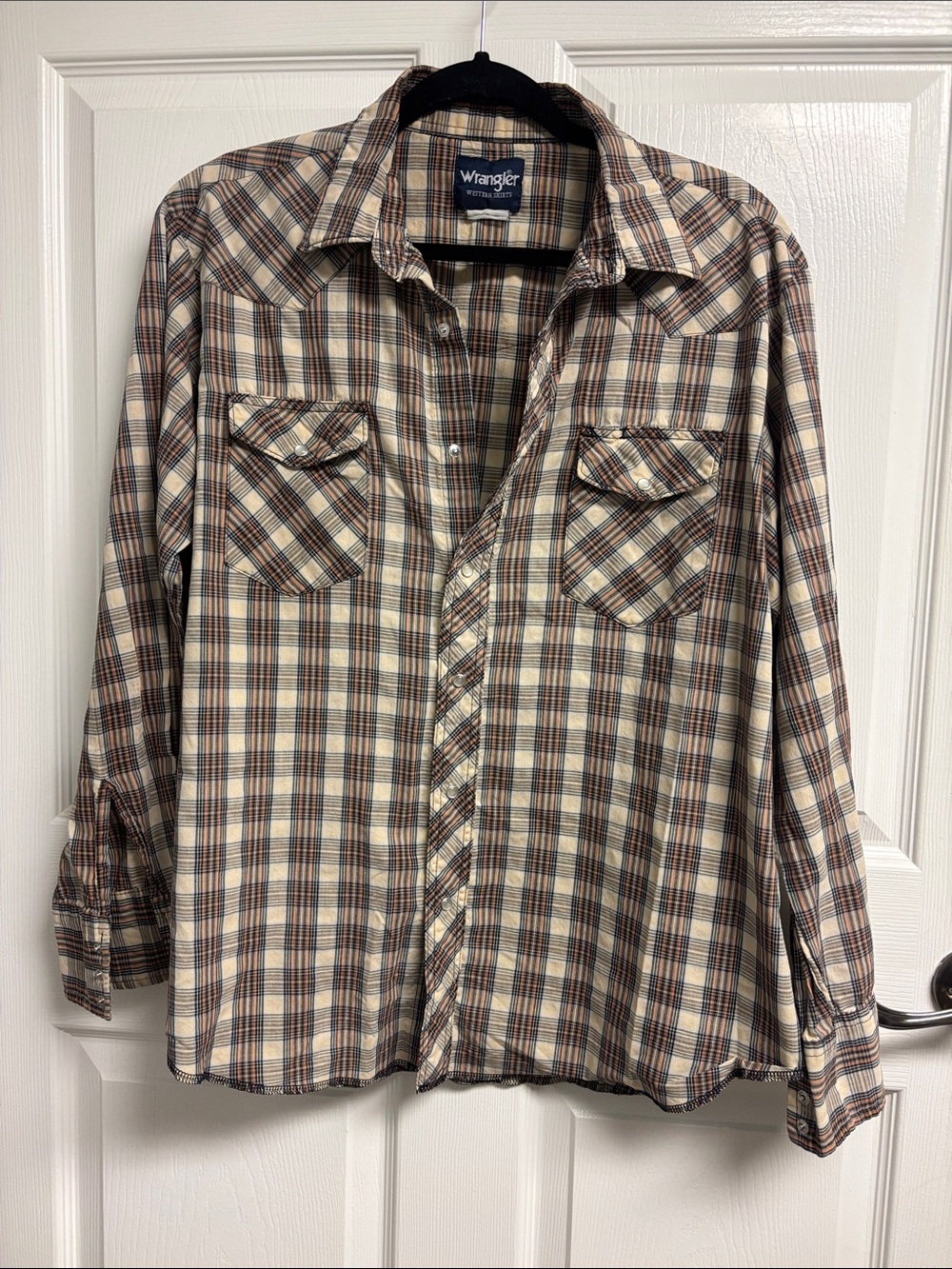 Wrangler Beige, Brown & Navy Plaid Western Pearl Snap Shirt